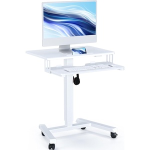 image:imageBONTEC Mobile Standing Desk with Keyboard Tray Mobile Podium Rolling Laptop Sit Stand Desk on Wheels Adjustable Height Desk Up to 33lbs Portable Computer Workstation Cart for Living Room OfficeWhite
