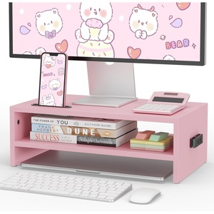 image:imageBONTEC Wood Monitor Stand Riser 2Tier Desktop Organizer with Storage Ergonomic Computer Stand for Desk Cable Management Cellphone Holder 213 Inch Shelf BlackPink
