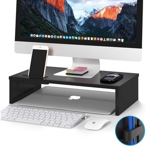 image:imageBONTEC Wood Monitor Stand Riser 2Tier Desktop Organizer with Storage Ergonomic Computer Stand for Desk Cable Management Cellphone Holder 213 Inch Shelf Blackblack
