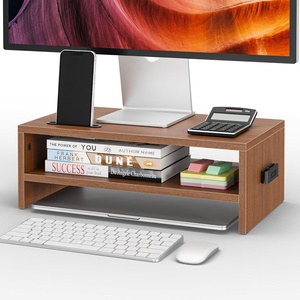 image:imageBONTEC Wood Monitor Stand Riser 2Tier Desktop Organizer with Storage Ergonomic Computer Stand for Desk Cable Management Cellphone Holder 213 Inch Shelf BlackWalnut