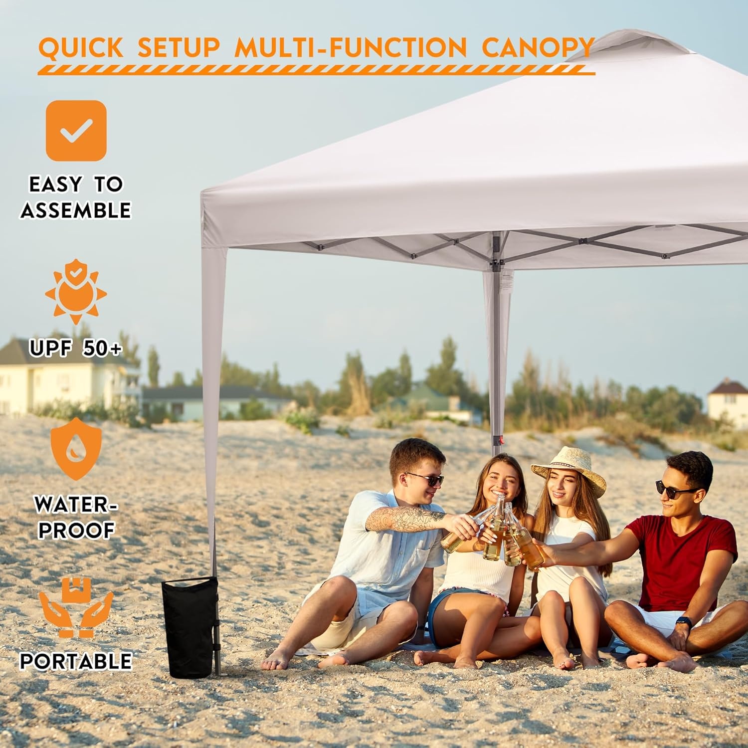 image:imageBONTEC 10x10ft Pop Up Canopy Tent Portable Beach Tent and Instant Shelter 1Person Setup Outdoor Sun Shade Waterproof Folding Gazebo with Roller Bag and 4 Weight Bags Silver Coated Top White