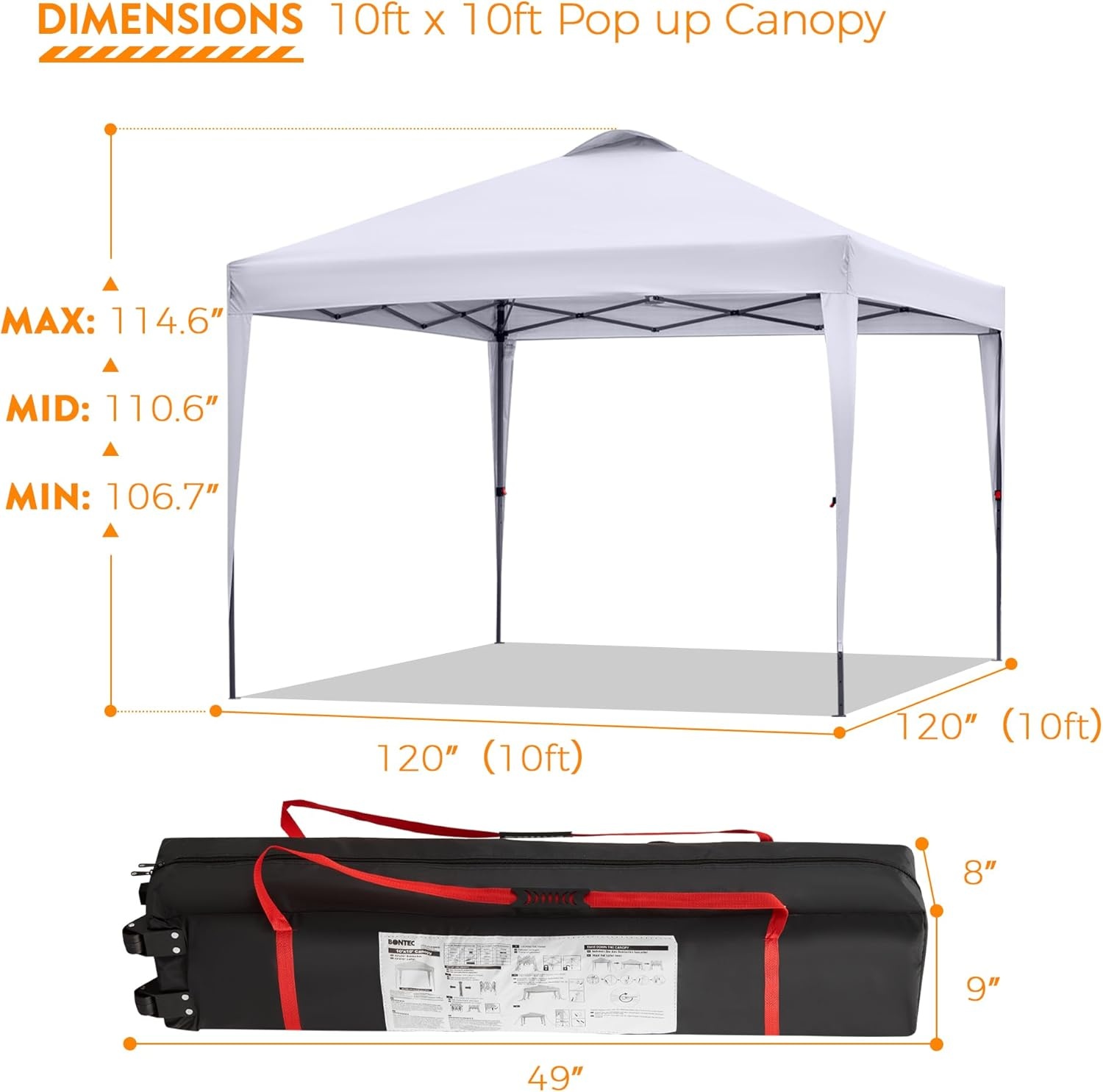 image:imageBONTEC 10x10ft Pop Up Canopy Tent Portable Beach Tent and Instant Shelter 1Person Setup Outdoor Sun Shade Waterproof Folding Gazebo with Roller Bag and 4 Weight Bags Silver Coated Top White