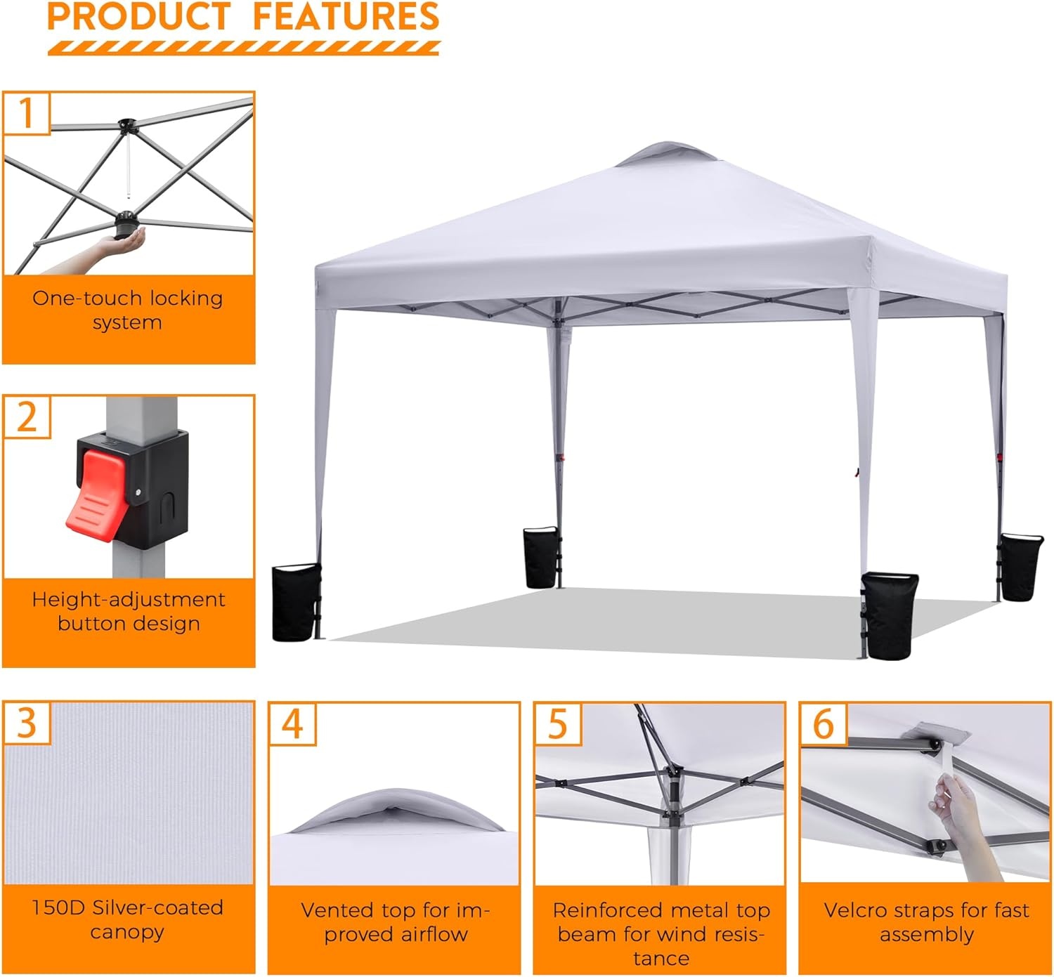 image:imageBONTEC 10x10ft Pop Up Canopy Tent Portable Beach Tent and Instant Shelter 1Person Setup Outdoor Sun Shade Waterproof Folding Gazebo with Roller Bag and 4 Weight Bags Silver Coated Top White