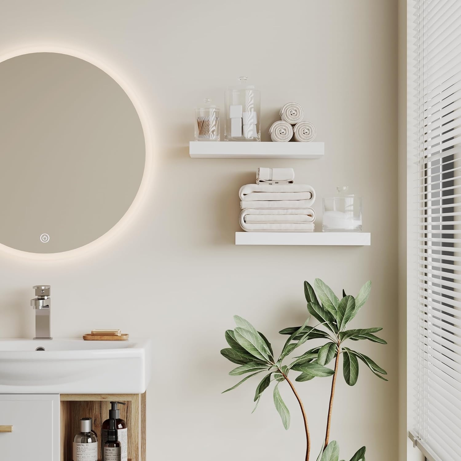 image:imageBONTEC 16 Inch Floating Shelves for Wall Wood Bathroom Wall Shelves Set of 2 Wall Mounted Farmhouse Decor for Bathroom Bedroom Living Room Kitchen and Office Holds 22lbs White