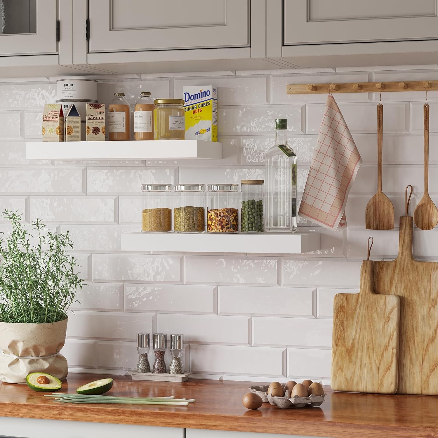 image:imageBONTEC 16 Inch Floating Shelves for Wall Wood Bathroom Wall Shelves Set of 2 Wall Mounted Farmhouse Decor for Bathroom Bedroom Living Room Kitchen and Office Holds 22lbs White