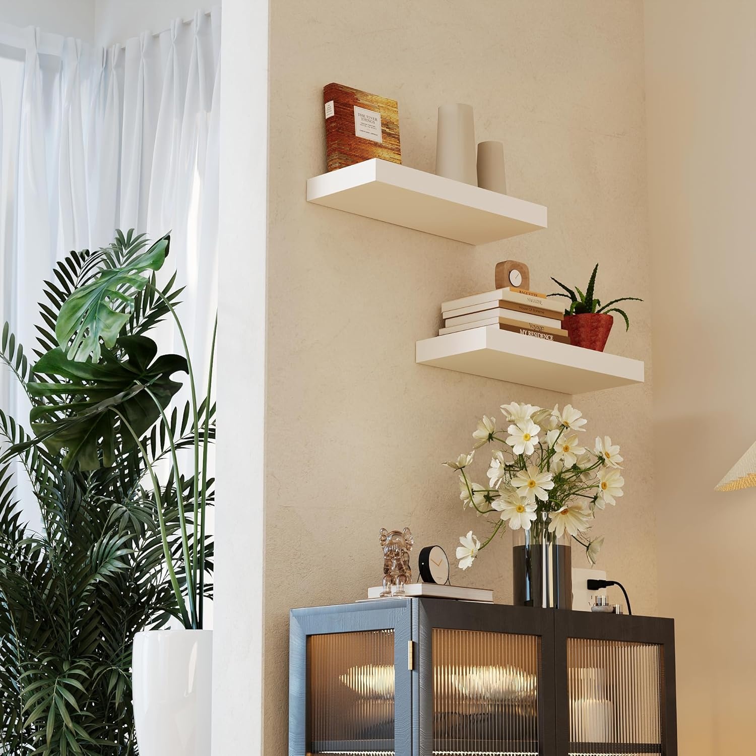 image:imageBONTEC 16 Inch Floating Shelves for Wall Wood Bathroom Wall Shelves Set of 2 Wall Mounted Farmhouse Decor for Bathroom Bedroom Living Room Kitchen and Office Holds 22lbs White