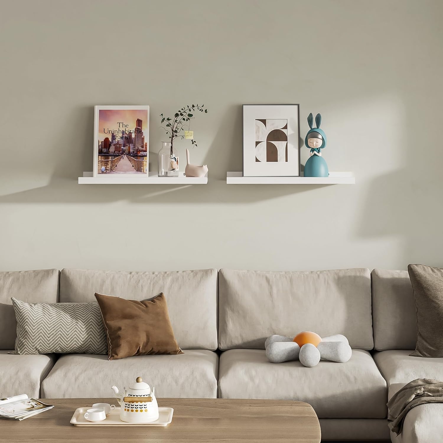 image:imageBONTEC Floating Shelves Set of 2 Wood Wall Mounted Shelves with Lip 16 inch Bathroom Shelves for Bathroom Bedroom Living Room and Kitchen Wall Organizer up to 22lbs White