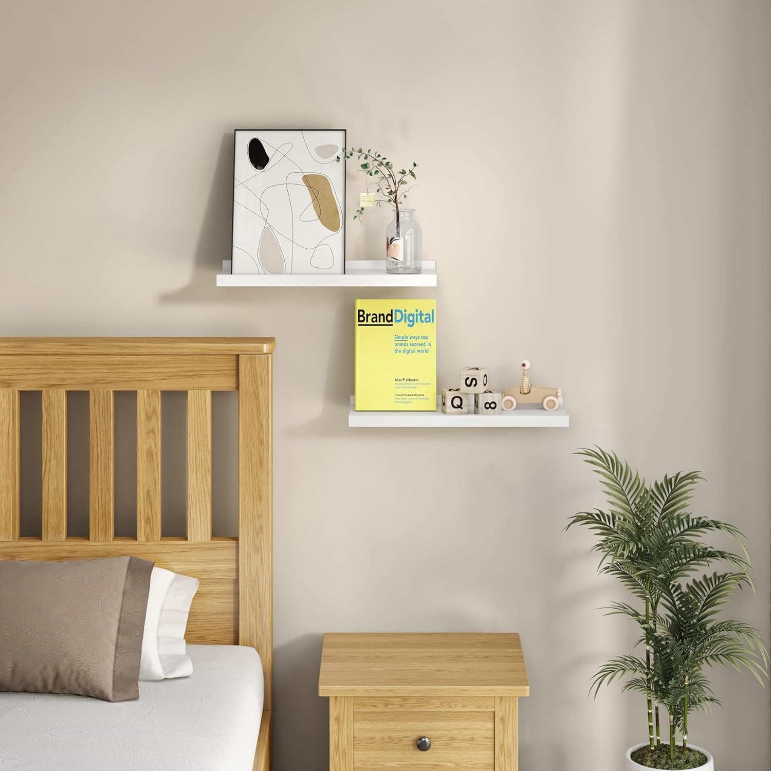image:imageBONTEC Floating Shelves Set of 2 Wood Wall Mounted Shelves with Lip 16 inch Bathroom Shelves for Bathroom Bedroom Living Room and Kitchen Wall Organizer up to 22lbs White