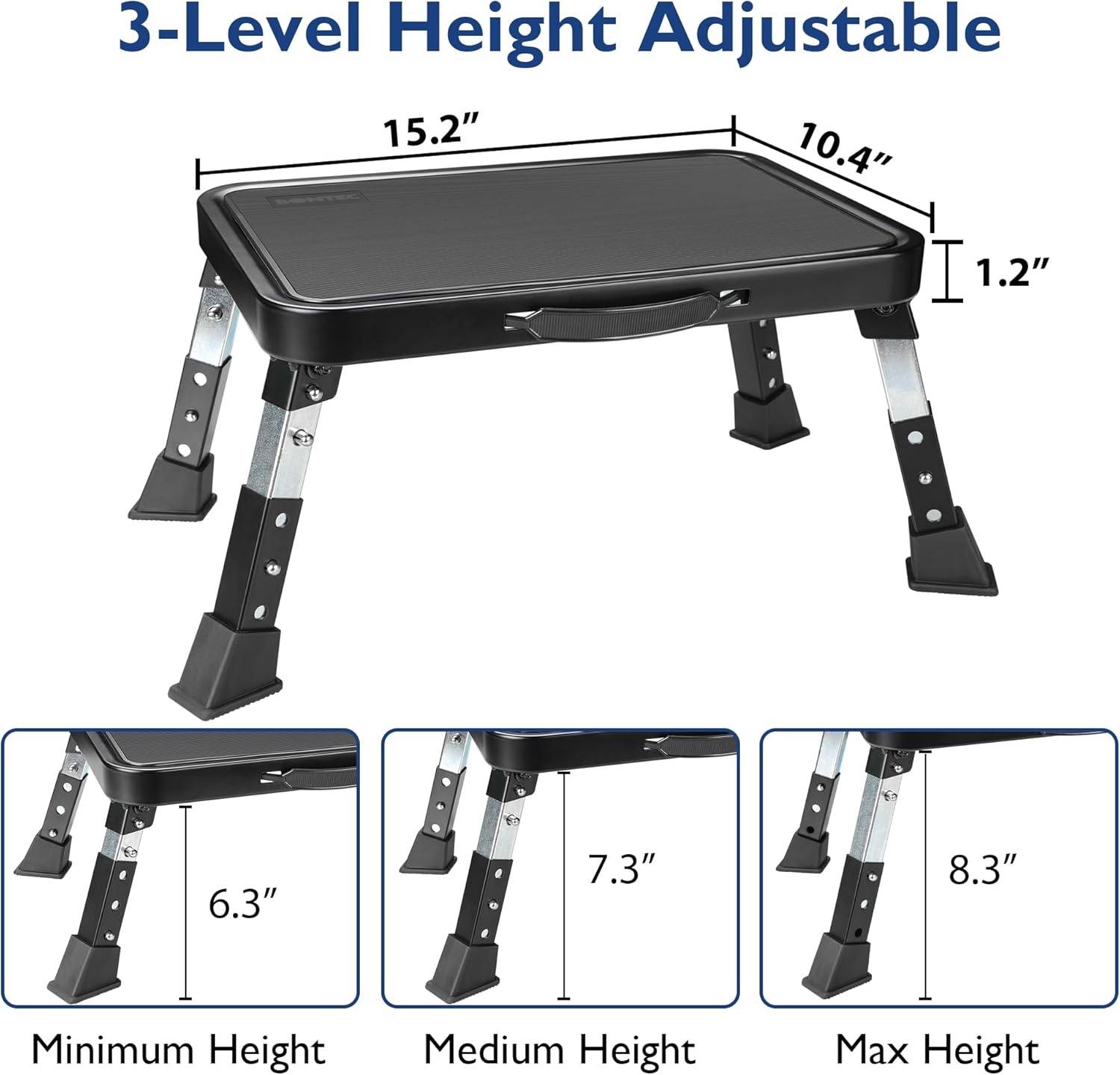 image:imageBONTEC Folding Step Stool 3Level Adjustable Metal Step Stool with AntiSlip Pedal and Locking Legs 330lbs Heavy Duty Folding Foot Stool Portable Stepping Stool for Kids Kitchen Home OfficeBlack