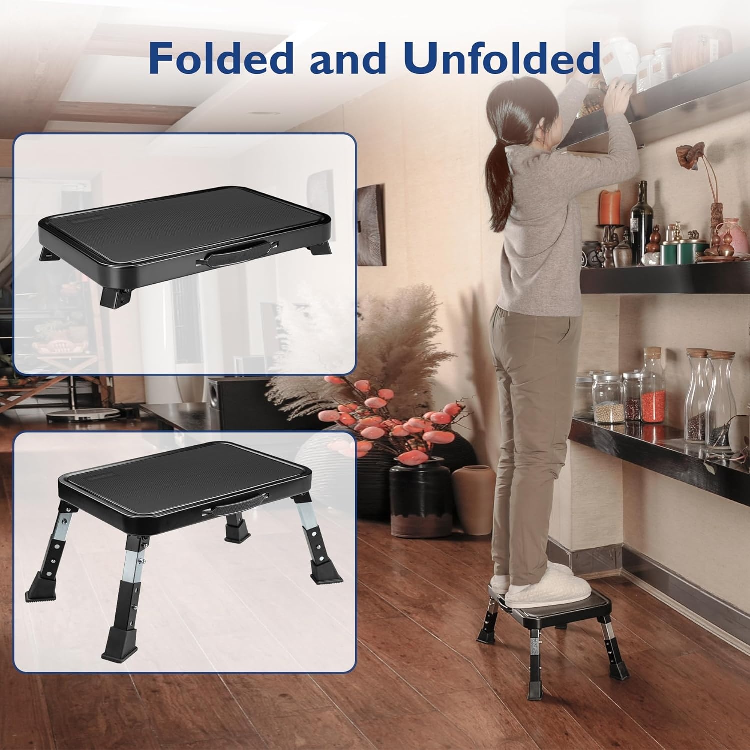 image:imageBONTEC Folding Step Stool 3Level Adjustable Metal Step Stool with AntiSlip Pedal and Locking Legs 330lbs Heavy Duty Folding Foot Stool Portable Stepping Stool for Kids Kitchen Home OfficeBlack