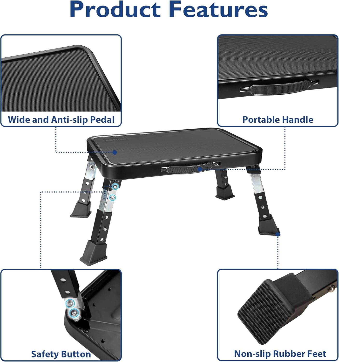 image:imageBONTEC Folding Step Stool 3Level Adjustable Metal Step Stool with AntiSlip Pedal and Locking Legs 330lbs Heavy Duty Folding Foot Stool Portable Stepping Stool for Kids Kitchen Home OfficeBlack