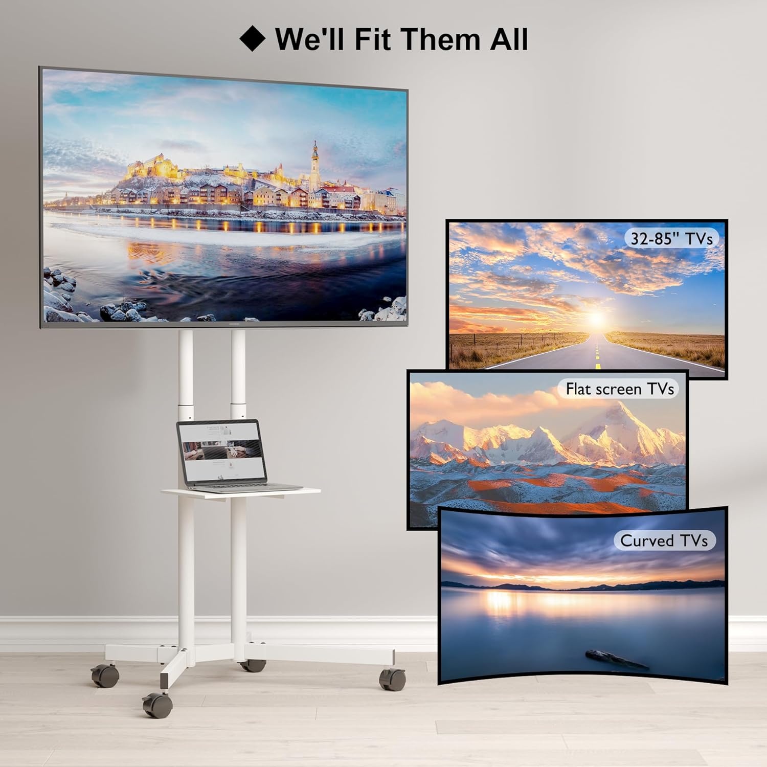 image:imageBONTEC Mobile TV Stand with Tilt Function Rolling TV Cart for 3285 Inch LED LCD OLED Flat amp Curved TVs Portable Stand with Laptop Shelf Locking Wheels Max VESA 600x400mm 121 lbs Capacity Beige