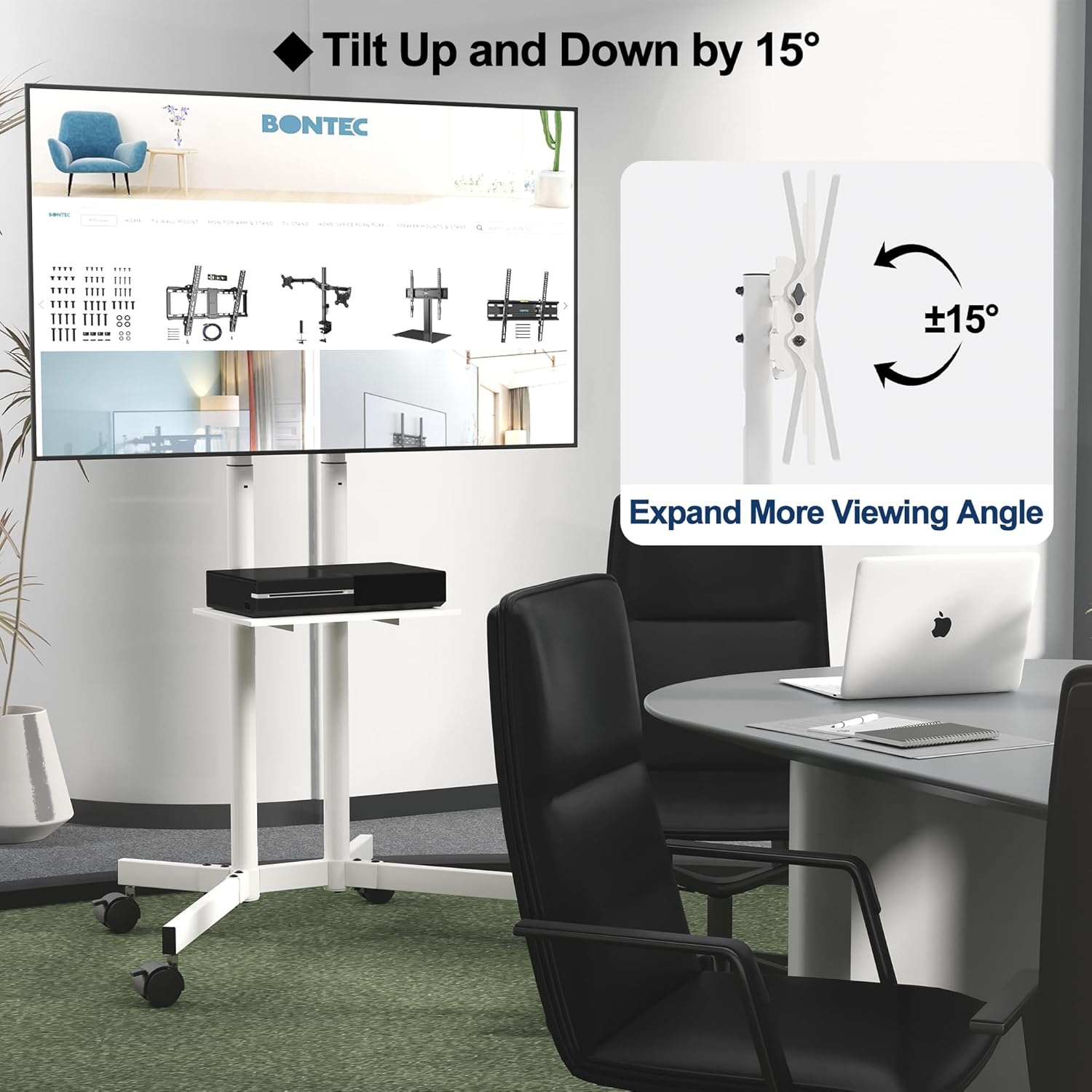 image:imageBONTEC Mobile TV Stand with Tilt Function Rolling TV Cart for 3285 Inch LED LCD OLED Flat amp Curved TVs Portable Stand with Laptop Shelf Locking Wheels Max VESA 600x400mm 121 lbs Capacity Beige