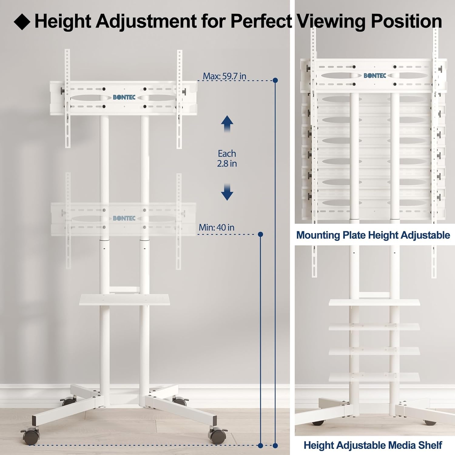 image:imageBONTEC Mobile TV Stand with Tilt Function Rolling TV Cart for 3285 Inch LED LCD OLED Flat amp Curved TVs Portable Stand with Laptop Shelf Locking Wheels Max VESA 600x400mm 121 lbs Capacity Beige
