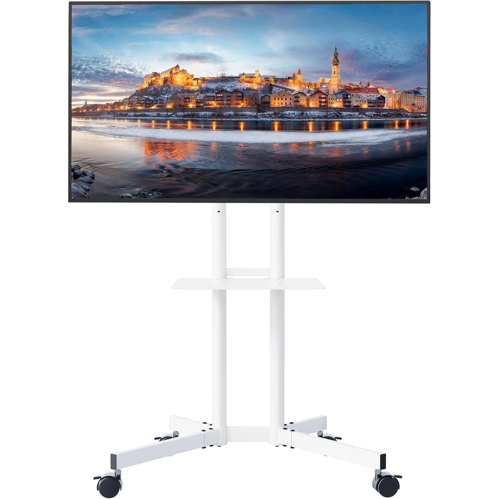 image:imageBONTEC Mobile TV Stand with Tilt Function Rolling TV Cart for 3285 Inch LED LCD OLED Flat amp Curved TVs Portable Stand with Laptop Shelf Locking Wheels Max VESA 600x400mm 121 lbs Capacity Beige